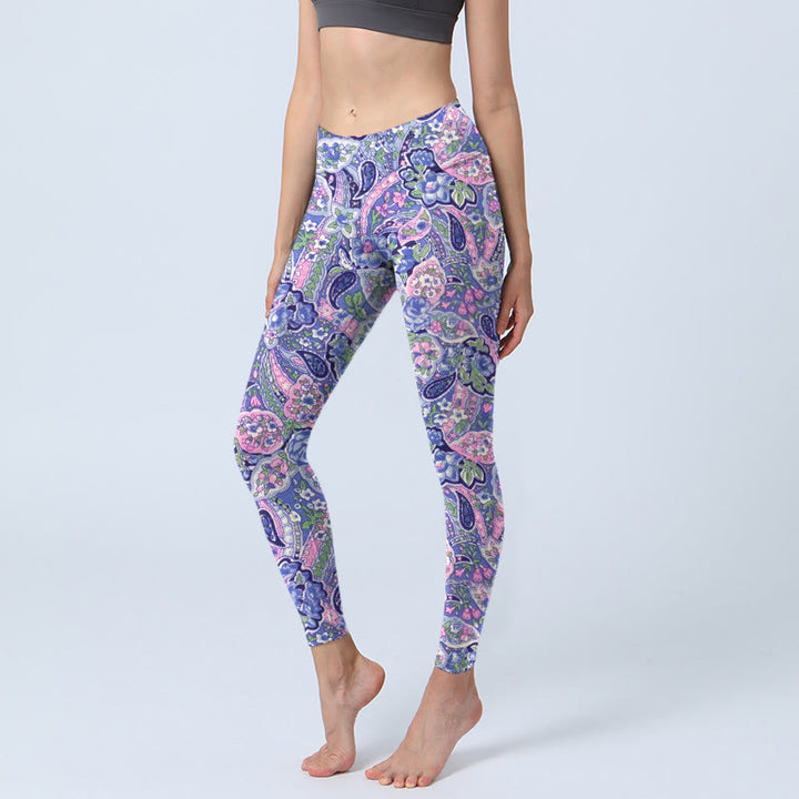 Leggings da palestra fitness con stampa di fiori di anacardi viola e rosa Buddha Stones, pantaloni da yoga da donna - Viola medio - US18, UK/AU22, EU50 (4XL) - image 1