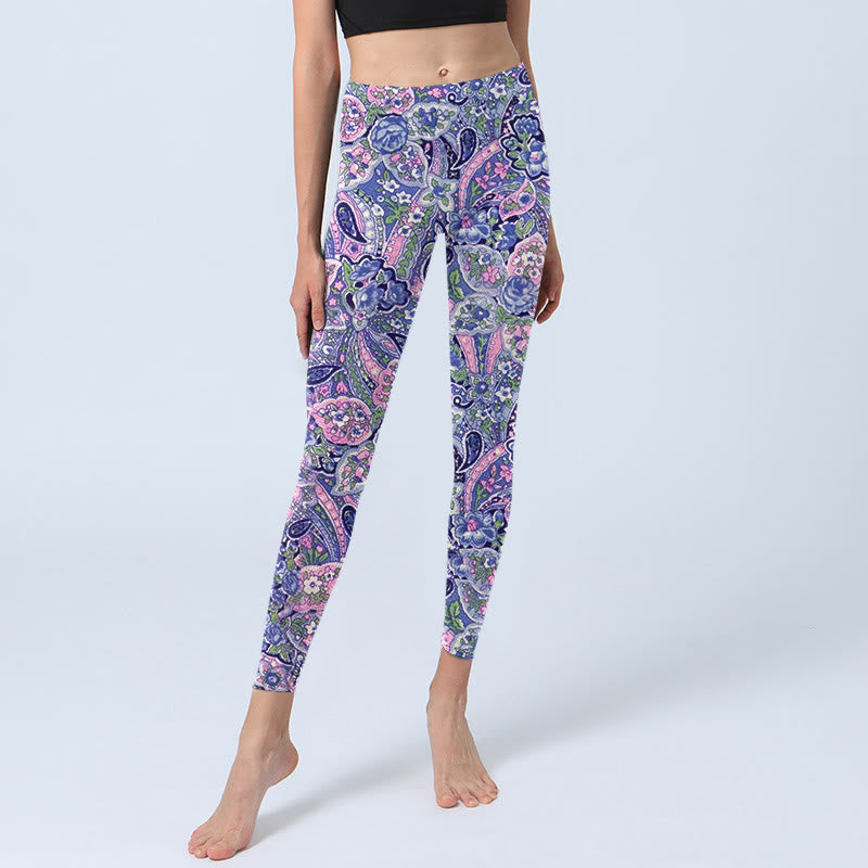 Leggings da palestra fitness con stampa di fiori di anacardi viola e rosa Buddha Stones, pantaloni da yoga da donna - image 5
