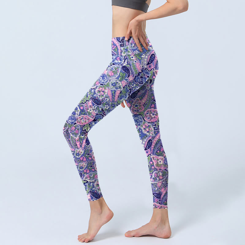 Leggings da palestra fitness con stampa di fiori di anacardi viola e rosa Buddha Stones, pantaloni da yoga da donna - image 2