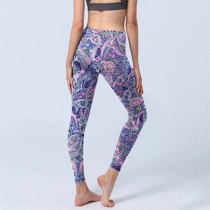 Leggings da palestra fitness con stampa di fiori di anacardi viola e rosa Buddha Stones, pantaloni da yoga da donna - image 5