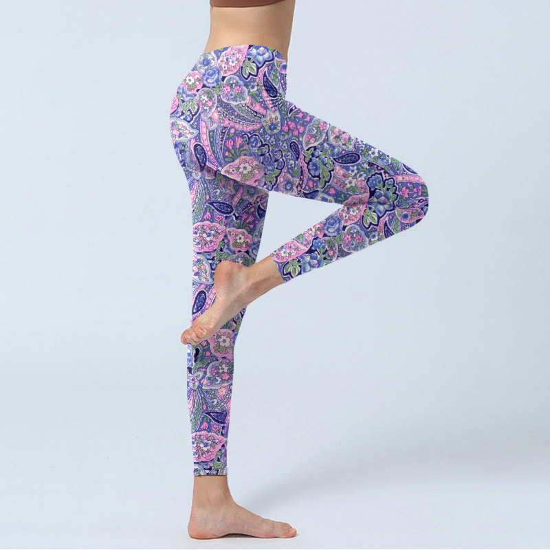Leggings da palestra fitness con stampa di fiori di anacardi viola e rosa Buddha Stones, pantaloni da yoga da donna - image 3