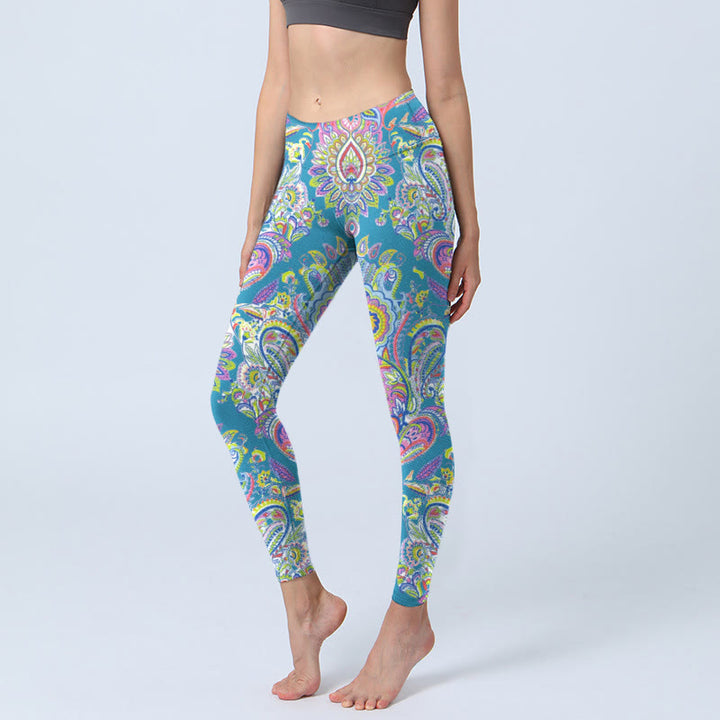 Leggings da palestra fitness con stampa a fiori blu rosa verde Buddha Stones Pantaloni da yoga da donna - AzzurroCielo Chiaro - US18, UK/AU22, EU50 (4XL) - image 0