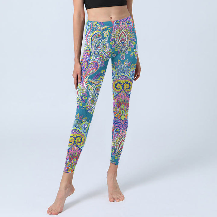 Leggings da palestra fitness con stampa a fiori blu rosa verde Buddha Stones Pantaloni da yoga da donna - image 6