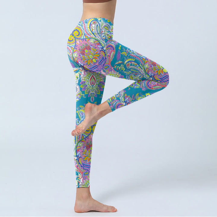 Leggings da palestra fitness con stampa a fiori blu rosa verde Buddha Stones Pantaloni da yoga da donna - image 3