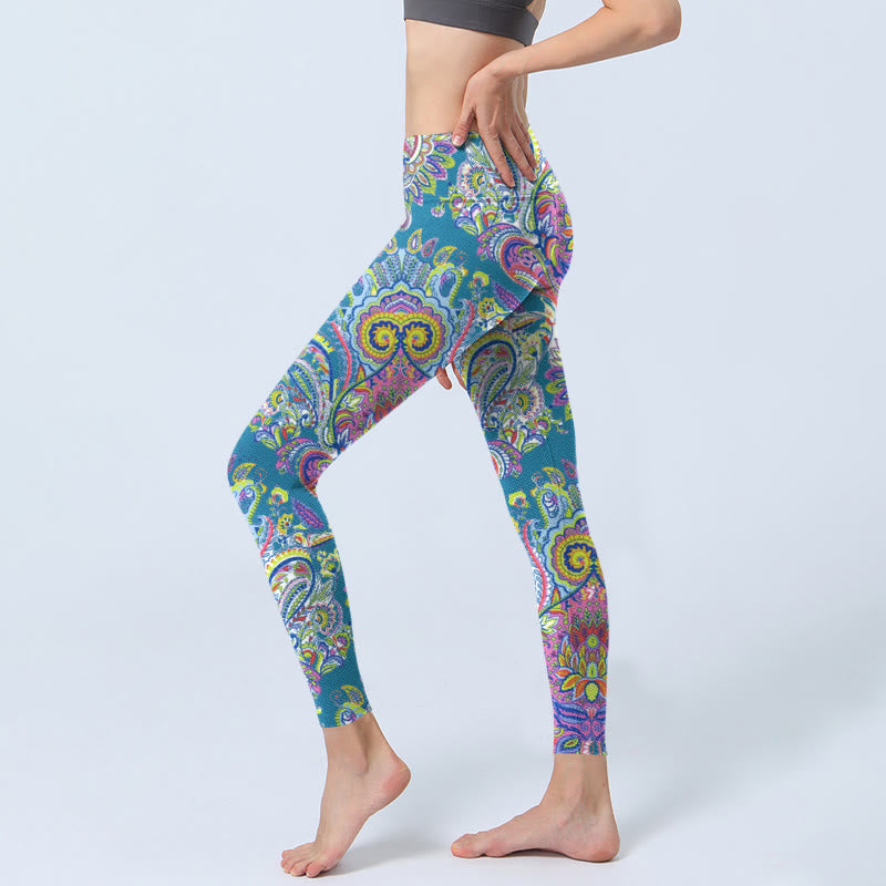 Leggings da palestra fitness con stampa a fiori blu rosa verde Buddha Stones Pantaloni da yoga da donna - image 3