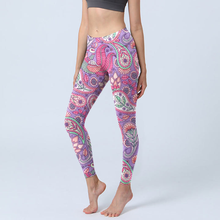 Buddha Stones da palestra fitness con stampa di fiori di anacardi e girasoli, viola e rosa, pantaloni da yoga da donna