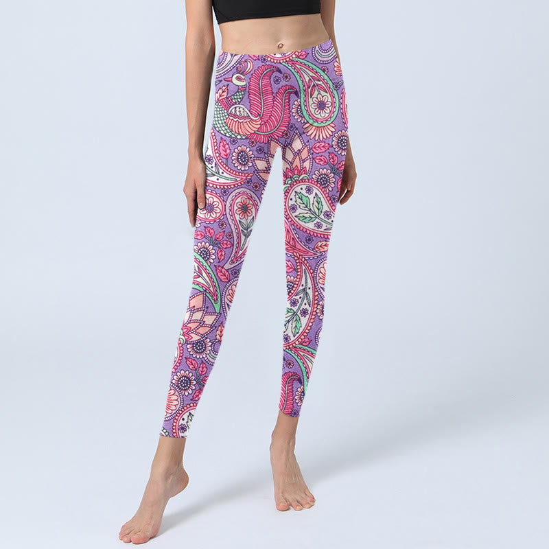 Buddha Stones da palestra fitness con stampa di fiori di anacardi e girasoli, viola e rosa, pantaloni da yoga da donna