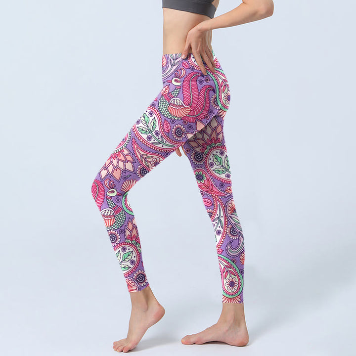Buddha Stones da palestra fitness con stampa di fiori di anacardi e girasoli, viola e rosa, pantaloni da yoga da donna