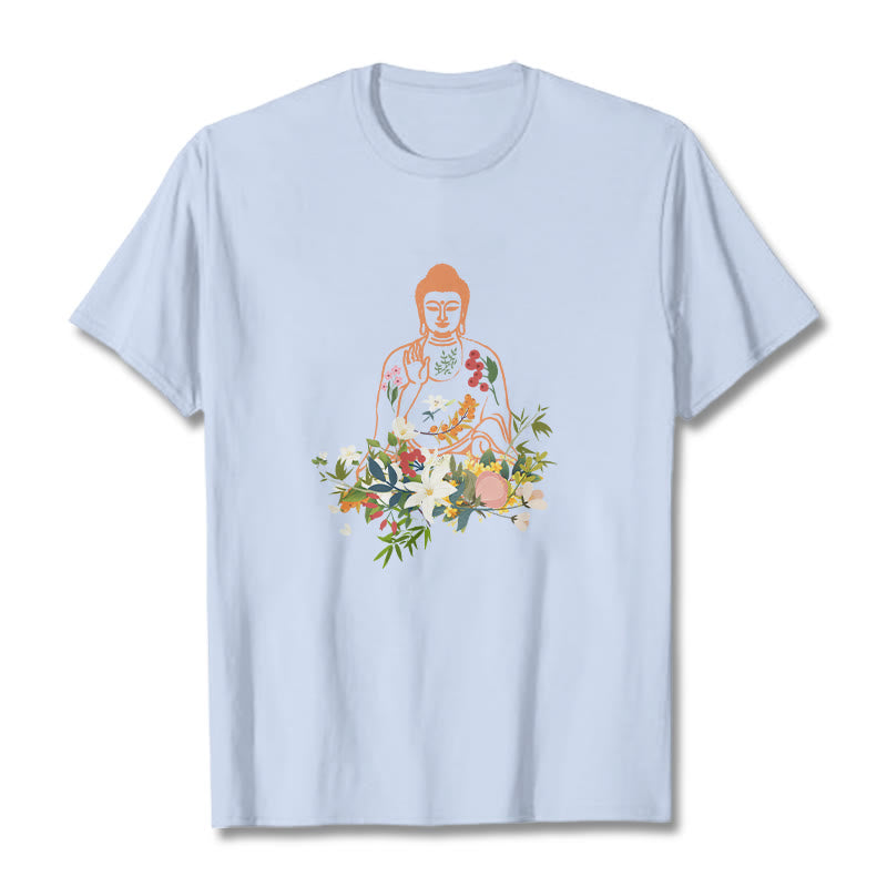 Maglietta con motivo Buddha Stones Buddha in meditazione e fiori in fiore - Ciano chiaro - 2XL - image 18