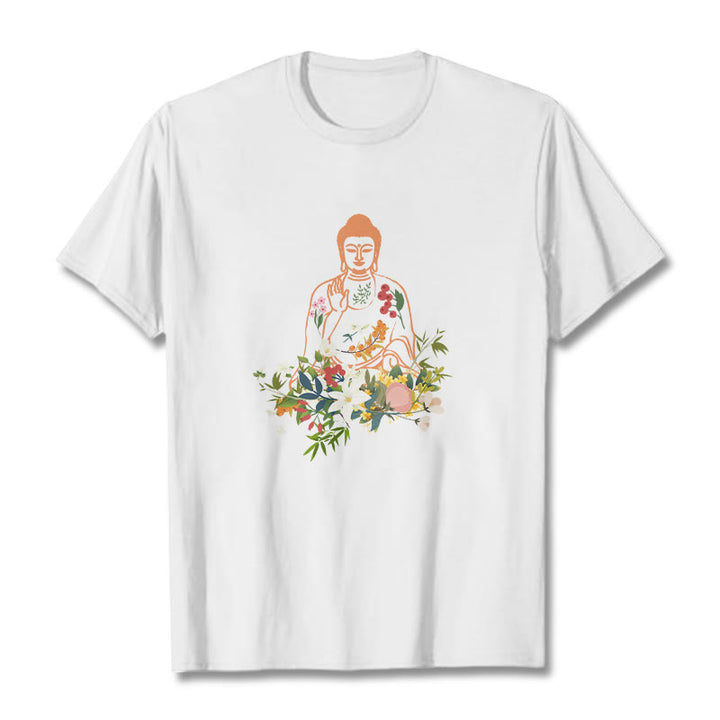 Maglietta con motivo Buddha Stones Buddha in meditazione e fiori in fiore - Bianco - 2XL - image 5