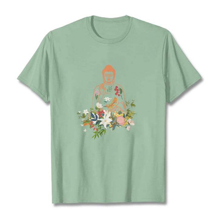 Maglietta con motivo Buddha Stones Buddha in meditazione e fiori in fiore - Verde pallido - 2XL - image 14