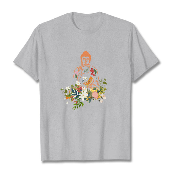 Maglietta con motivo Buddha Stones Buddha in meditazione e fiori in fiore - Grigio chiaro - 2XL - image 19