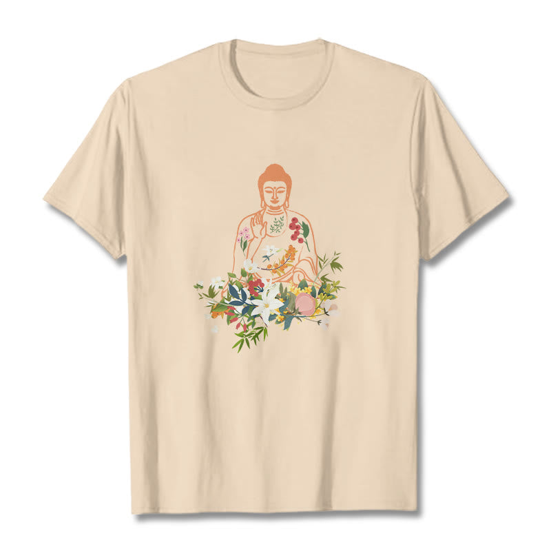 Maglietta con motivo Buddha Stones Buddha in meditazione e fiori in fiore - Biscotto - 2XL - image 9