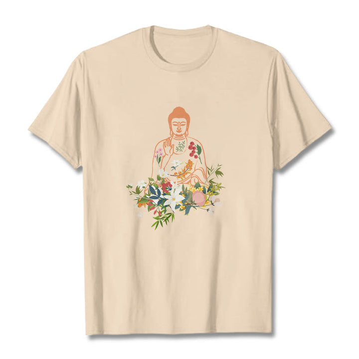 Maglietta con motivo Buddha Stones Buddha in meditazione e fiori in fiore - Biscotto - 2XL - image 9