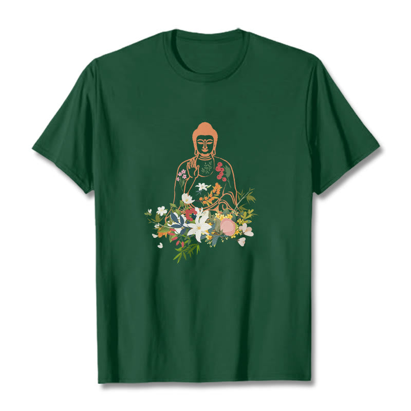 Maglietta con motivo Buddha Stones Buddha in meditazione e fiori in fiore - Verde foresta - 2XL - image 11