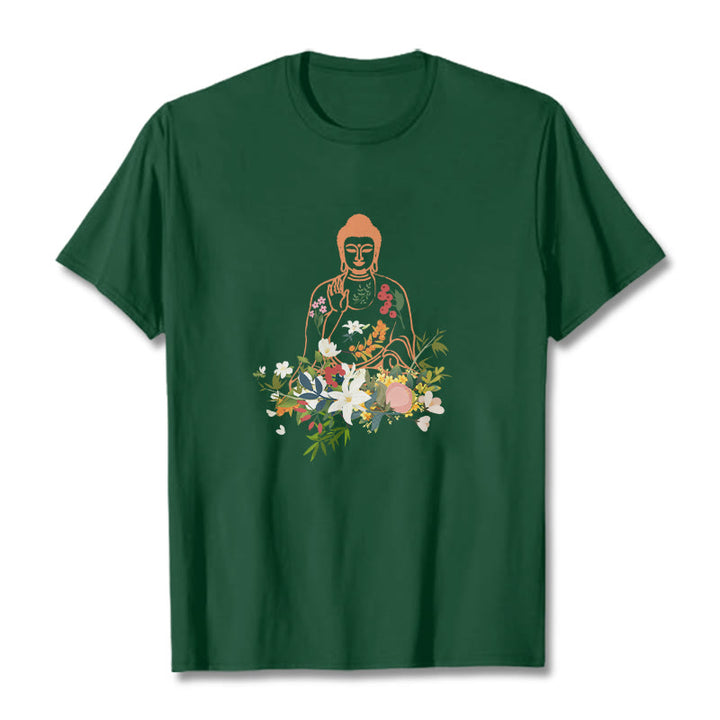Maglietta con motivo Buddha Stones Buddha in meditazione e fiori in fiore - Verde foresta - 2XL - image 11