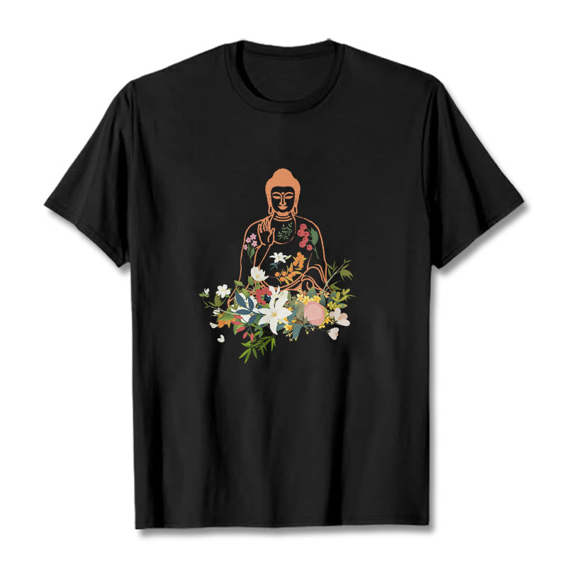 Maglietta con motivo Buddha Stones Buddha in meditazione e fiori in fiore - Nero - 2XL - image 1
