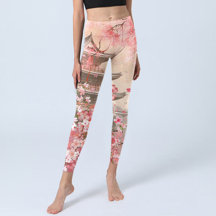 Leggings fitness con stampa Buddha Stones Pink Sakura Antique Building, pantaloni da yoga da donna - image 5