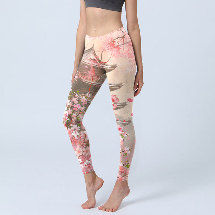Leggings fitness con stampa Buddha Stones Pink Sakura Antique Building, pantaloni da yoga da donna - LavandaBlush - US18, UK/AU22, EU50 (4XL) - image 0