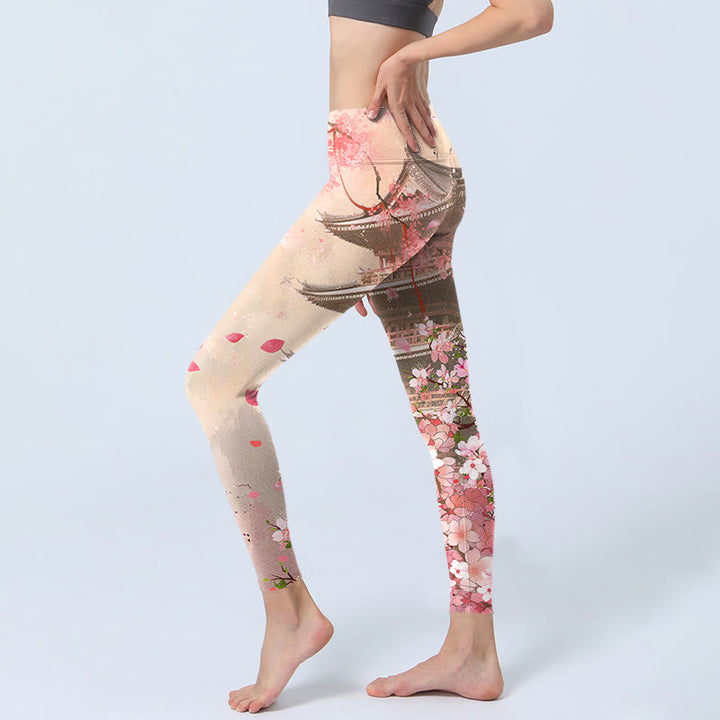 Leggings fitness con stampa Buddha Stones Pink Sakura Antique Building, pantaloni da yoga da donna - image 2