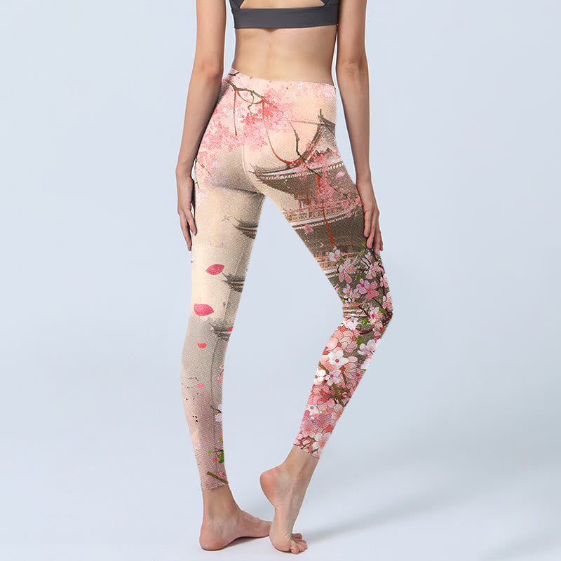 Leggings fitness con stampa Buddha Stones Pink Sakura Antique Building, pantaloni da yoga da donna - image 4