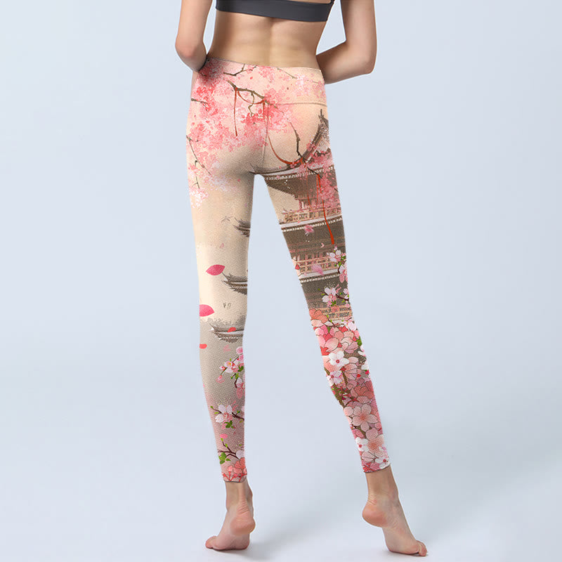 Leggings fitness con stampa Buddha Stones Pink Sakura Antique Building, pantaloni da yoga da donna - image 6