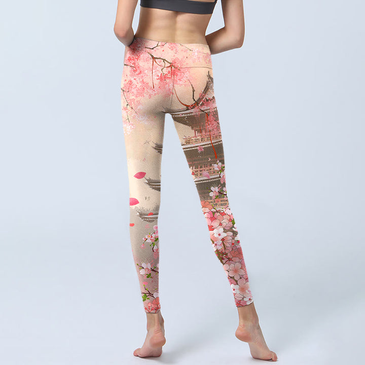 Leggings fitness con stampa Buddha Stones Pink Sakura Antique Building, pantaloni da yoga da donna - image 6