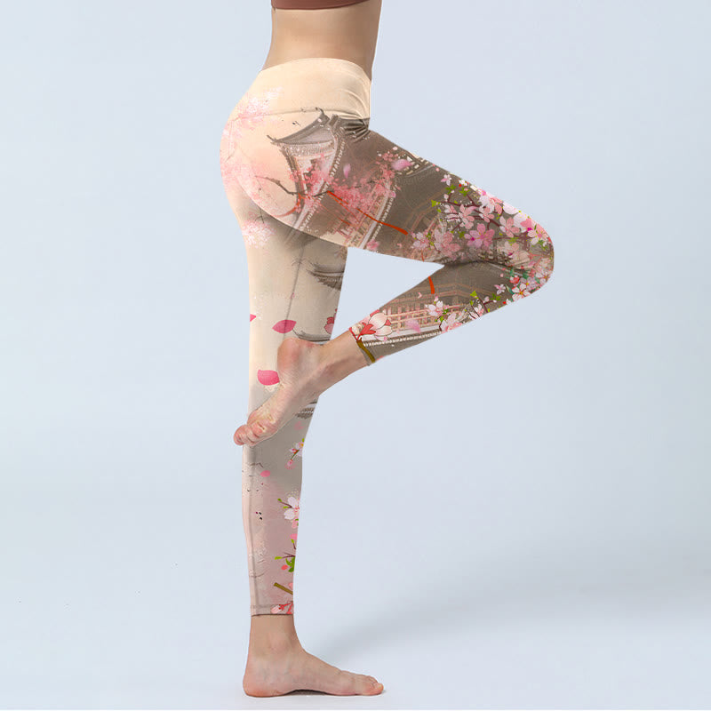 Leggings fitness con stampa Buddha Stones Pink Sakura Antique Building, pantaloni da yoga da donna - image 3