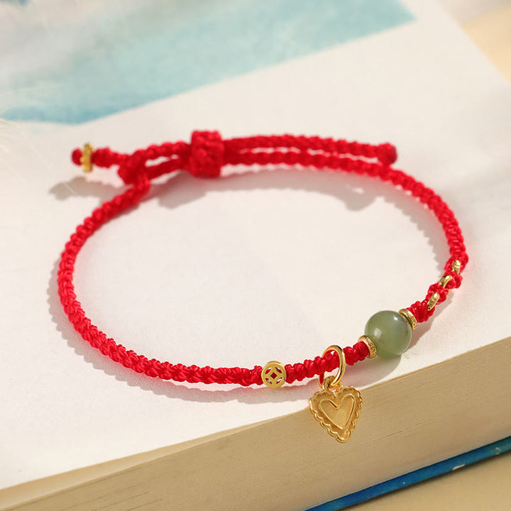 Buddha Stones 925 Sterling Silver Hetian Jade Bead Copper Coin Love Heart Charm Braccialetto portafortuna