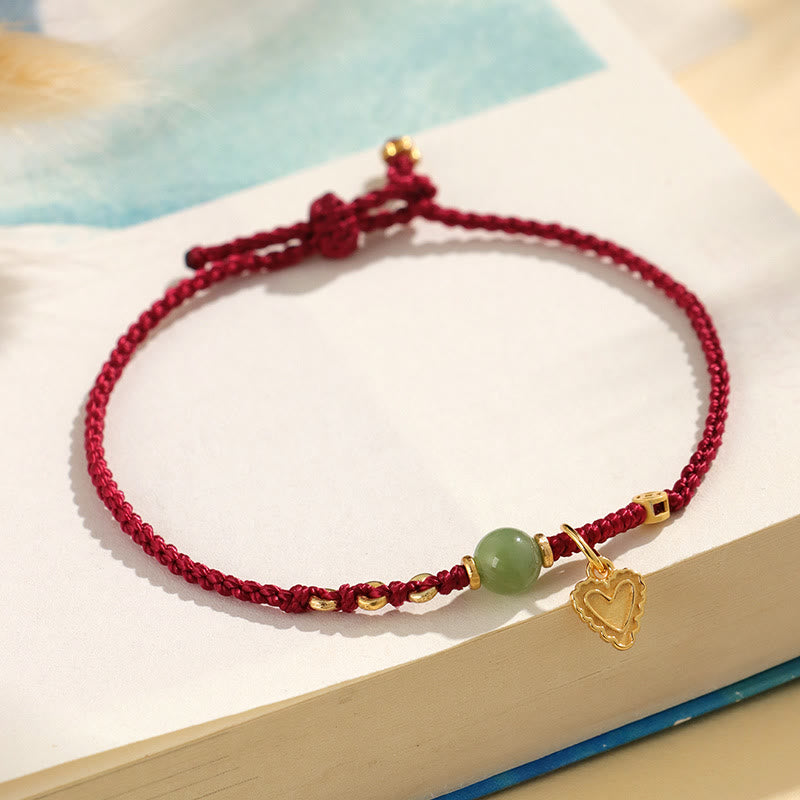 Buddha Stones 925 Sterling Silver Hetian Jade Bead Copper Coin Love Heart Charm Braccialetto portafortuna