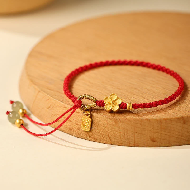 Braccialetto portafortuna con ciondolo a forma di carattere Fu in giada Hetian con Buddha Stones e piccoli fiori di pesco - Corda rossa (circonferenza del polso: 14-19 cm) - image 0