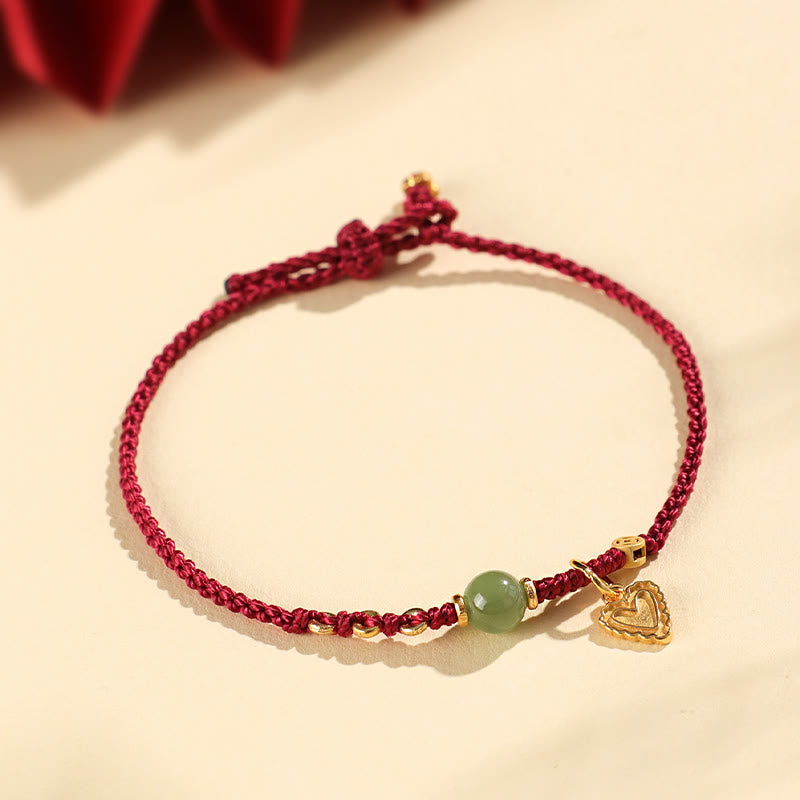 Buddha Stones 925 Sterling Silver Hetian Jade Bead Copper Coin Love Heart Charm Braccialetto portafortuna