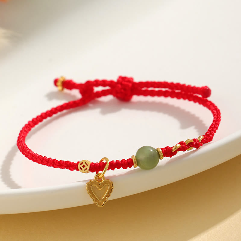 Buddha Stones 925 Sterling Silver Hetian Jade Bead Copper Coin Love Heart Charm Braccialetto portafortuna