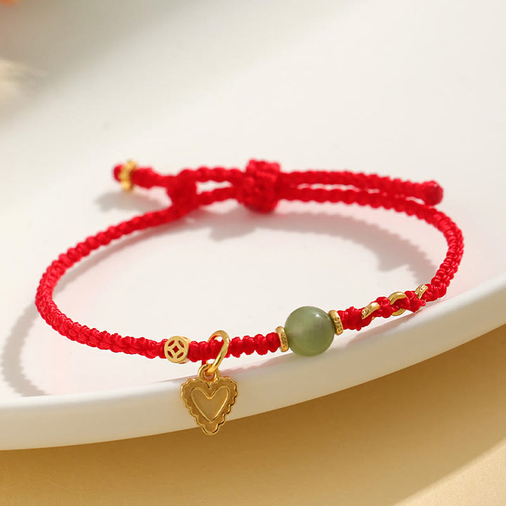 Buddha Stones 925 Sterling Silver Hetian Jade Bead Copper Coin Love Heart Charm Braccialetto portafortuna