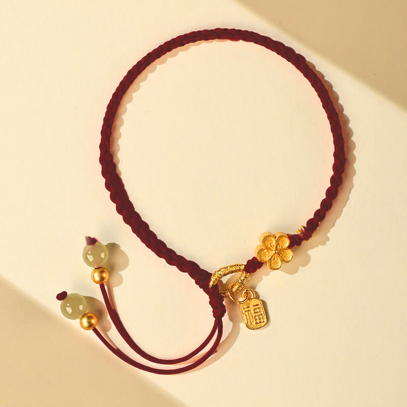 Braccialetto portafortuna con ciondolo a forma di carattere Fu in giada Hetian con Buddha Stones e piccoli fiori di pesco