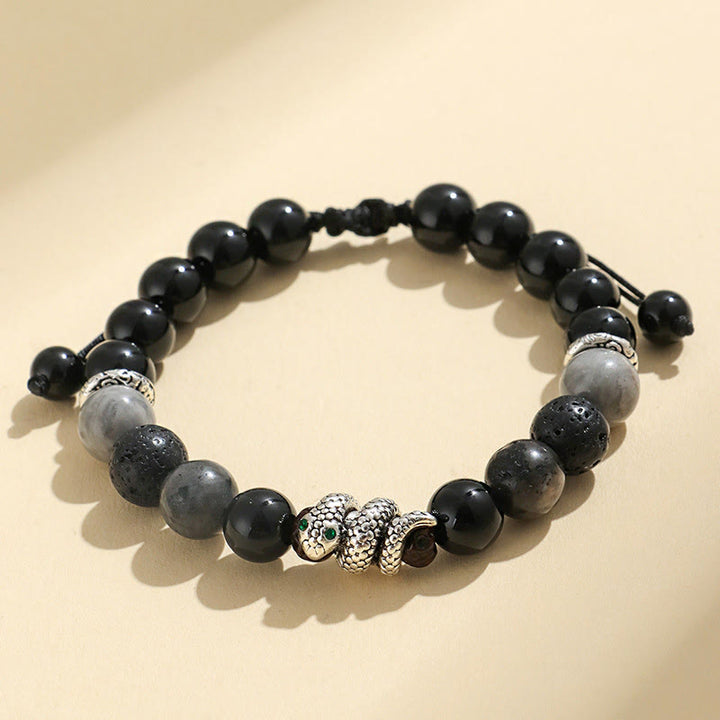 Buddha Stones Onice nero Pietra glitterata nera Agata bianca Turchese bianco Braccialetto di protezione dell'anno del serpente