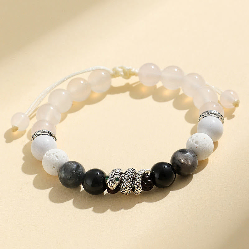 Buddha Stones Onice nero Pietra glitterata nera Agata bianca Turchese bianco Braccialetto di protezione dell'anno del serpente