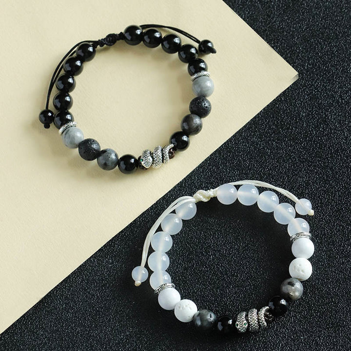Buddha Stones Onice nero Pietra glitterata nera Agata bianca Turchese bianco Braccialetto di protezione dell'anno del serpente