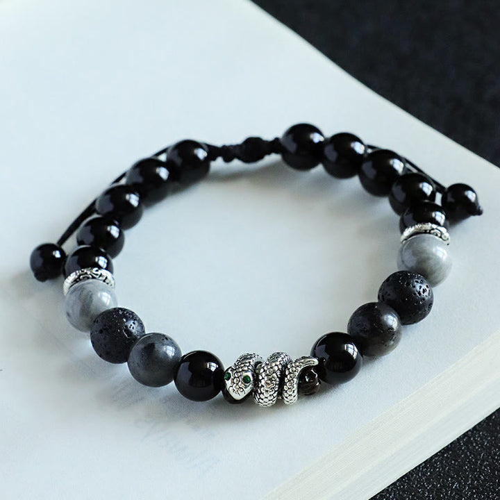 Buddha Stones Onice nero Pietra glitterata nera Agata bianca Turchese bianco Braccialetto di protezione dell'anno del serpente