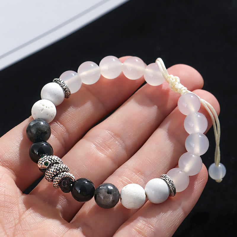 Buddha Stones Onice nero Pietra glitterata nera Agata bianca Turchese bianco Braccialetto di protezione dell'anno del serpente