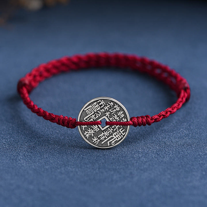 Buddha Stones 925 Sterling Silver Coin Protection Bracciale intrecciato Cavigliera