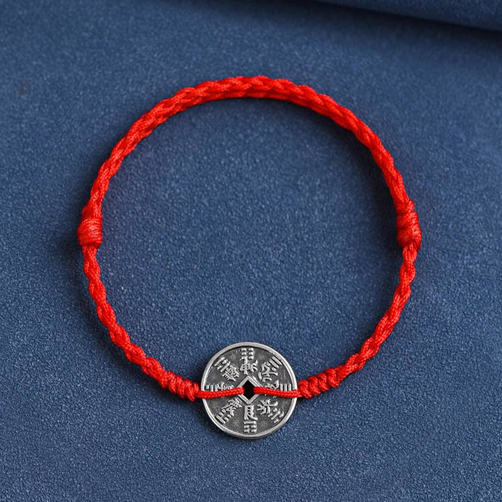 Buddha Stones 925 Sterling Silver Coin Protection Bracciale intrecciato Cavigliera - Corda rossa - Braccialetto (circonferenza del polso 15-20 cm) - image 9