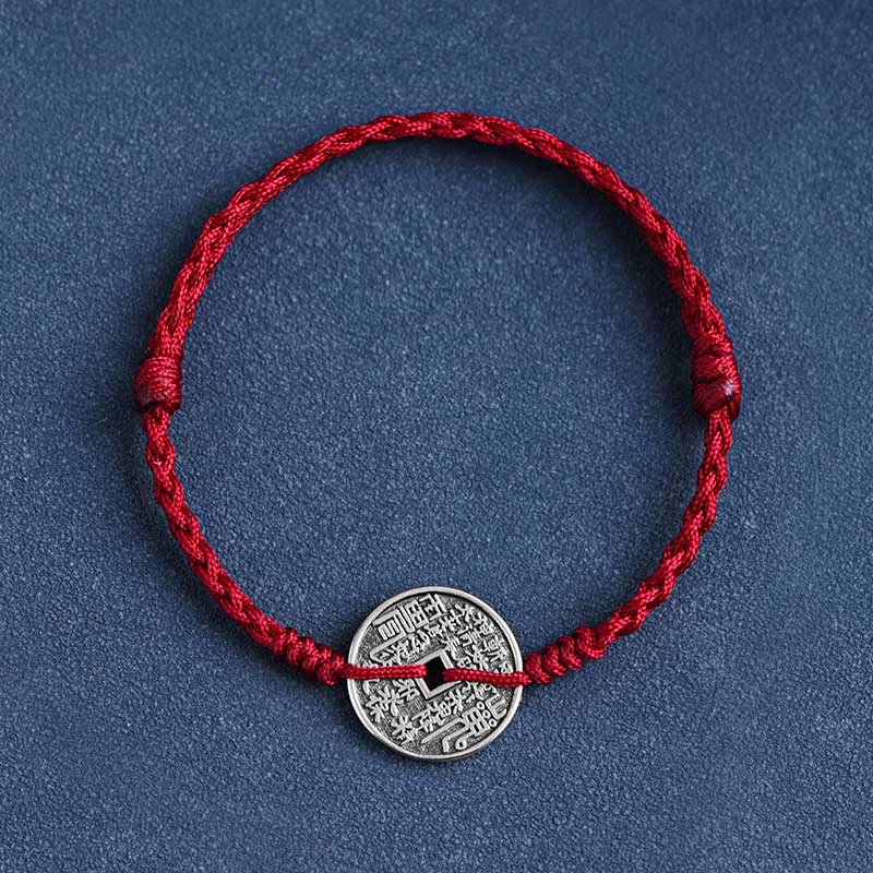 Buddha Stones 925 Sterling Silver Coin Protection Bracciale intrecciato Cavigliera - corda rosso scuro - Braccialetto (circonferenza del polso 15-20 cm) - image 1