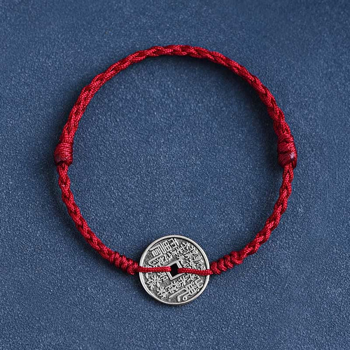 Buddha Stones 925 Sterling Silver Coin Protection Bracciale intrecciato Cavigliera - corda rosso scuro - Braccialetto (circonferenza del polso 15-20 cm) - image 1