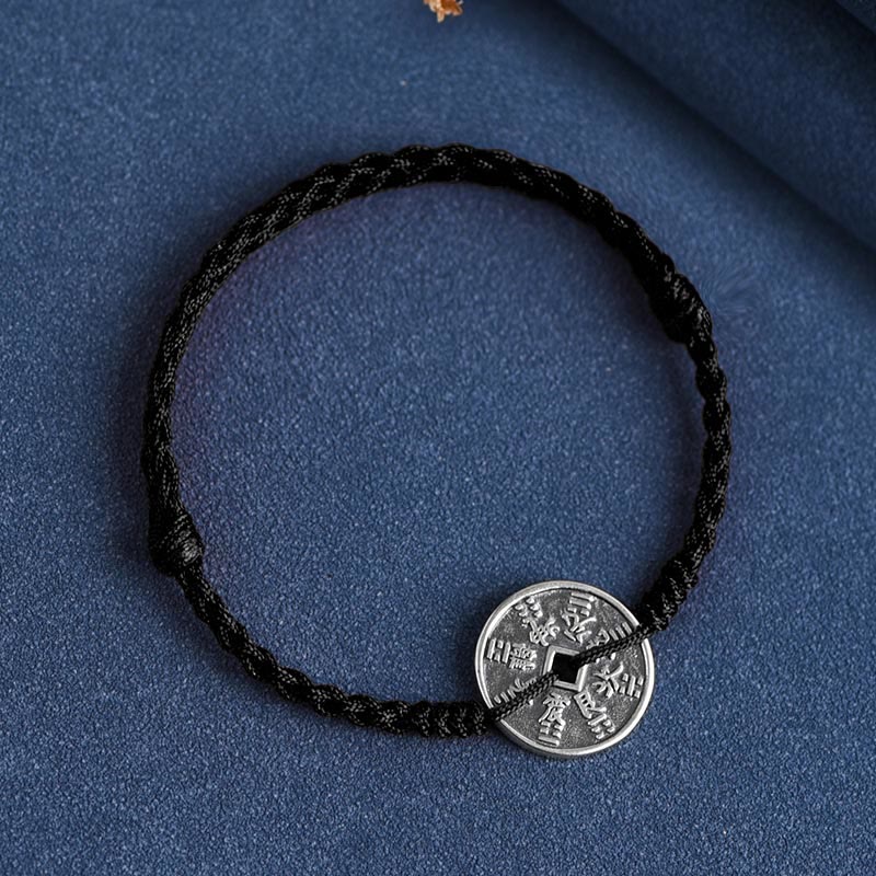 Buddha Stones 925 Sterling Silver Coin Protection Bracciale intrecciato Cavigliera - Corda nera - Cavigliera (circonferenza 18-30 cm) - image 16
