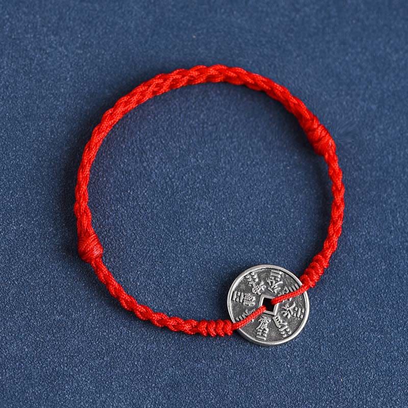 Buddha Stones 925 Sterling Silver Coin Protection Bracciale intrecciato Cavigliera - Corda rossa - Cavigliera (circonferenza 18-30 cm) - image 10