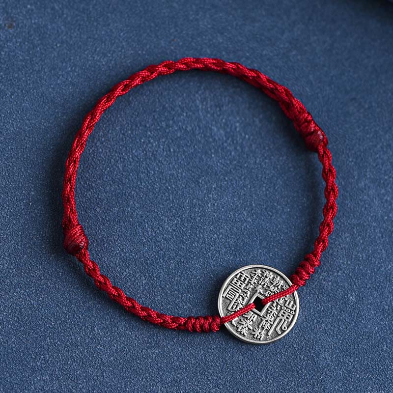 Buddha Stones 925 Sterling Silver Coin Protection Bracciale intrecciato Cavigliera - corda rosso scuro - Cavigliera (circonferenza 18-30 cm) - image 2