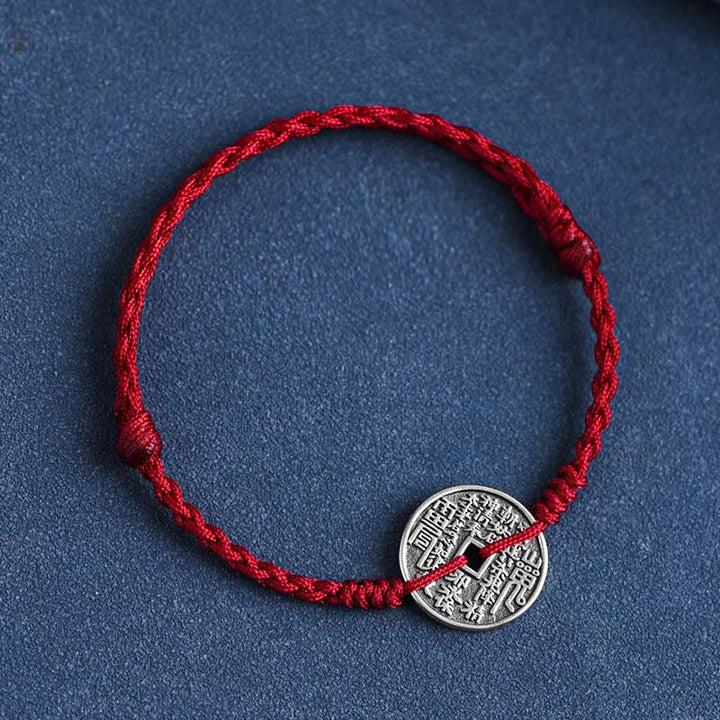 Buddha Stones 925 Sterling Silver Coin Protection Bracciale intrecciato Cavigliera - corda rosso scuro - Cavigliera (circonferenza 18-30 cm) - image 2