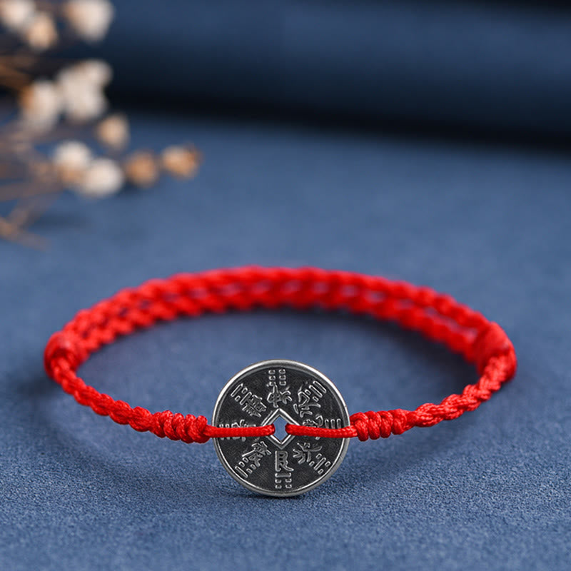 Buddha Stones 925 Sterling Silver Coin Protection Bracciale intrecciato Cavigliera