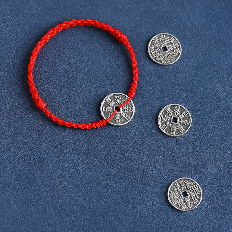 Buddha Stones 925 Sterling Silver Coin Protection Bracciale intrecciato Cavigliera